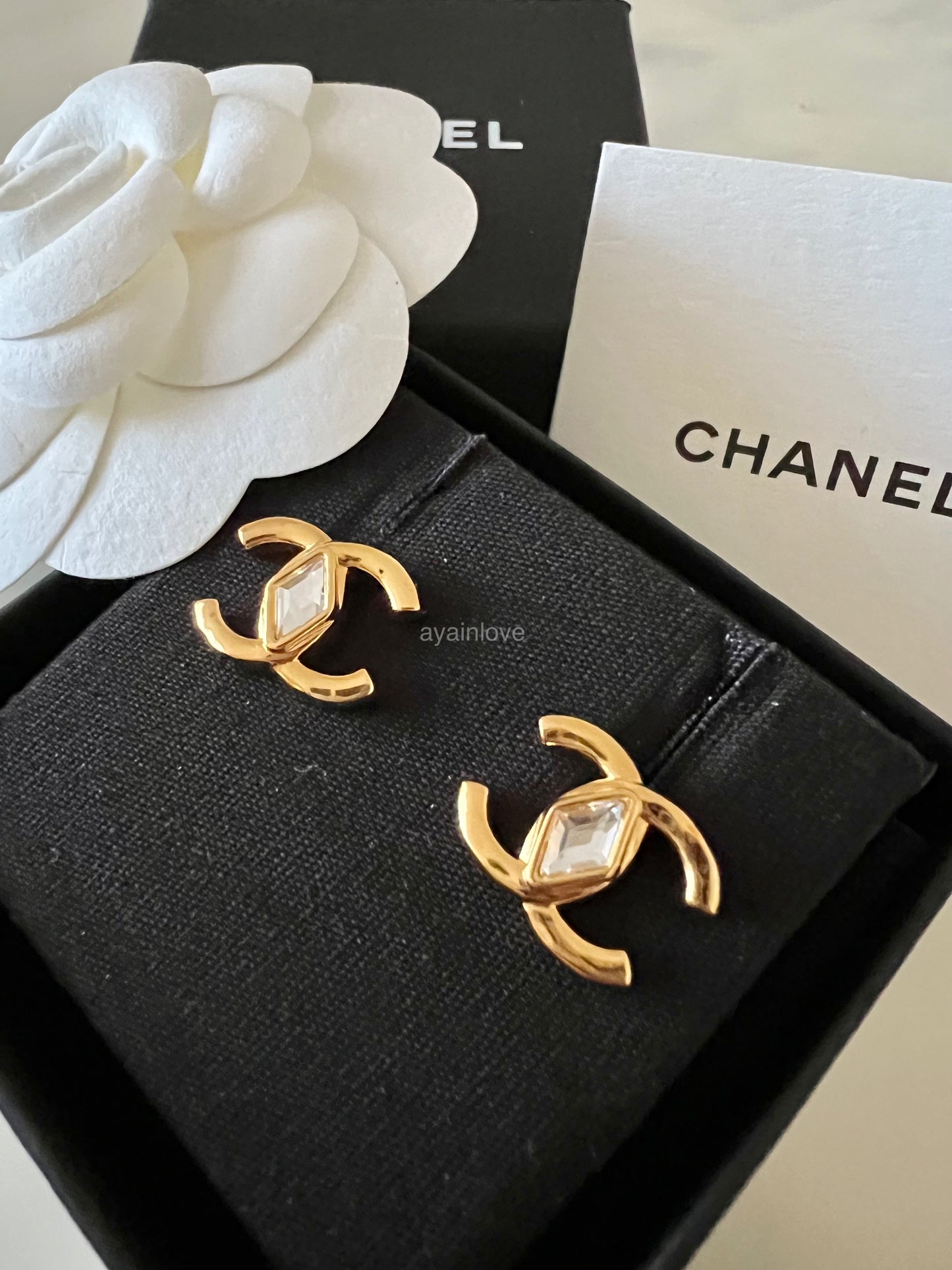 CHANEL 23C Gold Crystal CC Stud Earrings