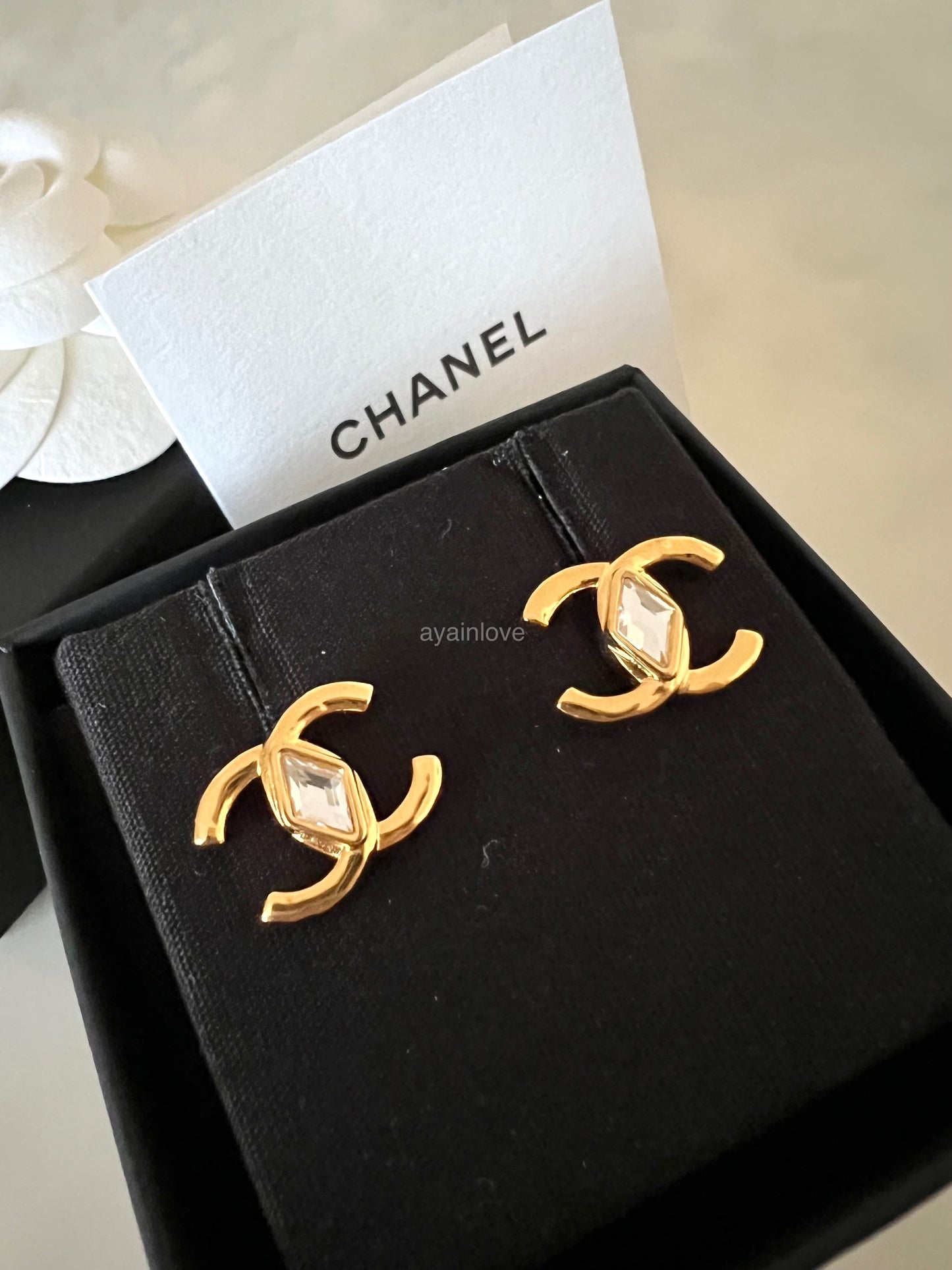 CHANEL 23C Gold Crystal CC Stud Earrings