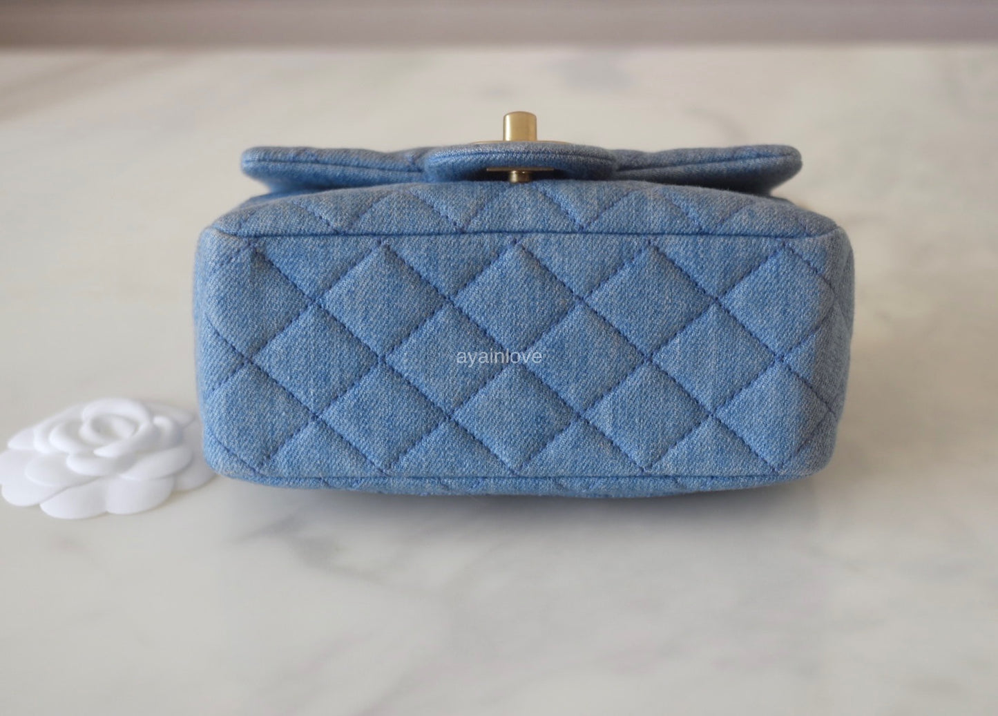 CHANEL 22C Blue Denim Pearl Crush Square Mini Flap Bag Gold Hardware