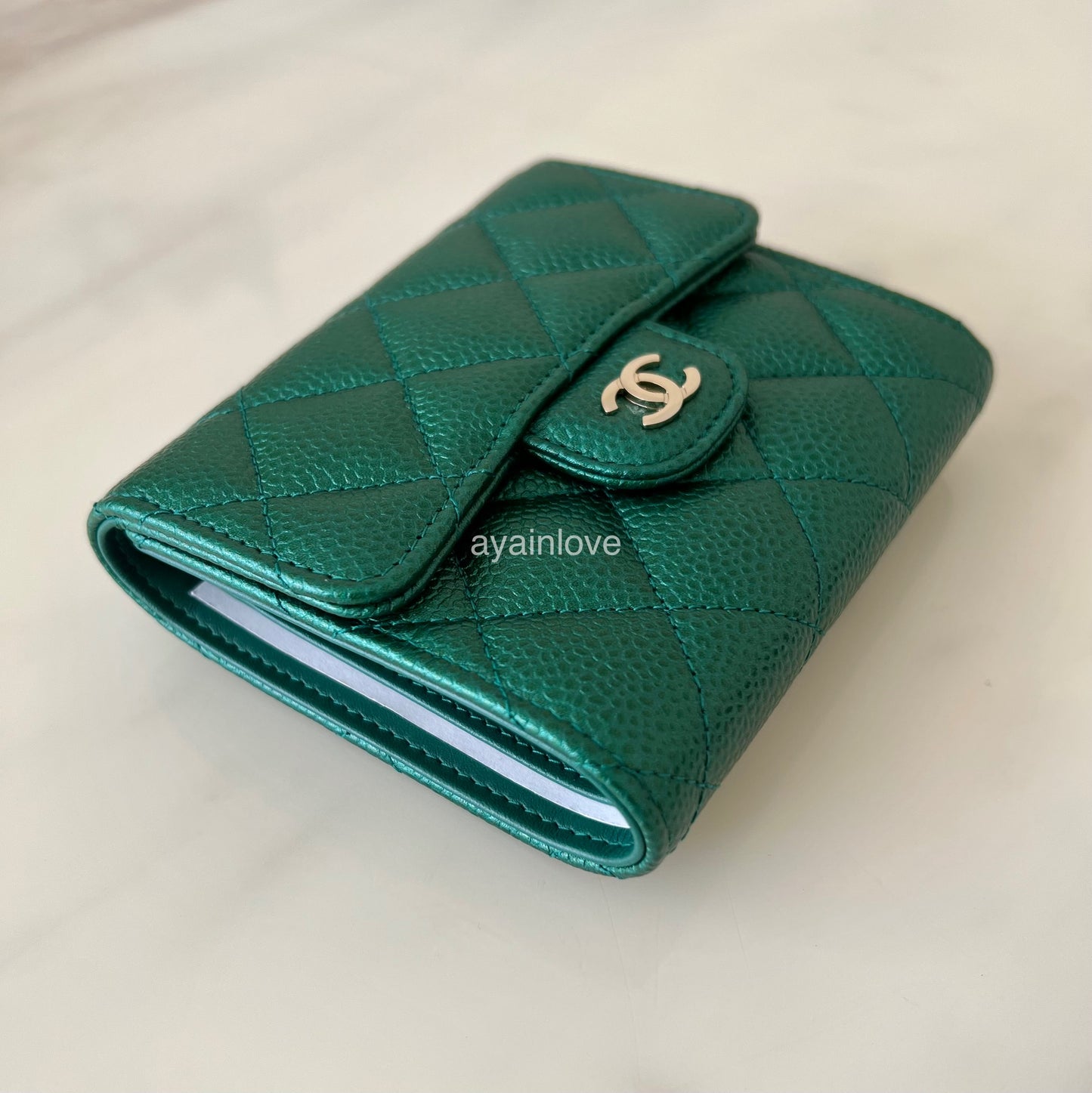 CHANEL 18S Iridescent Green Caviar Trifold Wallet Light Gold Hardware