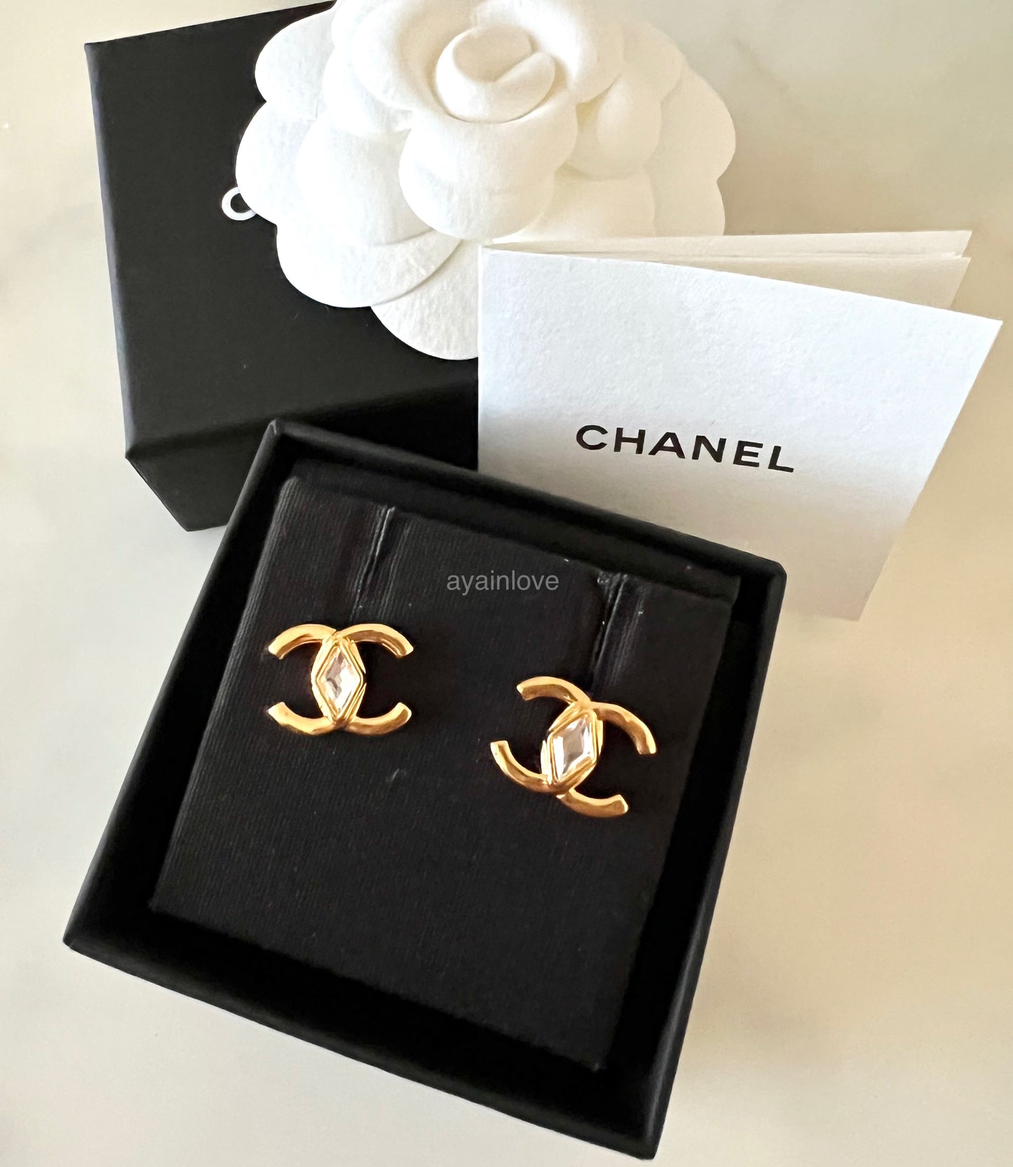 CHANEL 23C Gold Crystal CC Stud Earrings