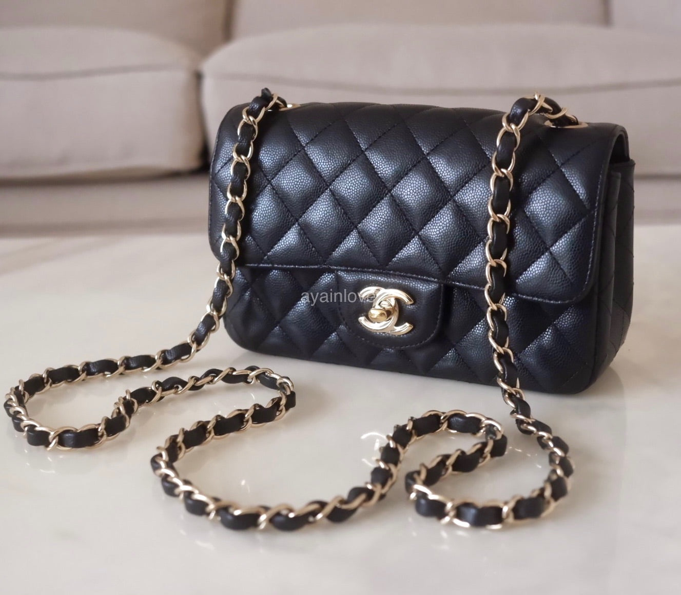 CHANEL 17C Black Caviar Edge Stitching Rectangular Mini Flap Bag Gold Hardware