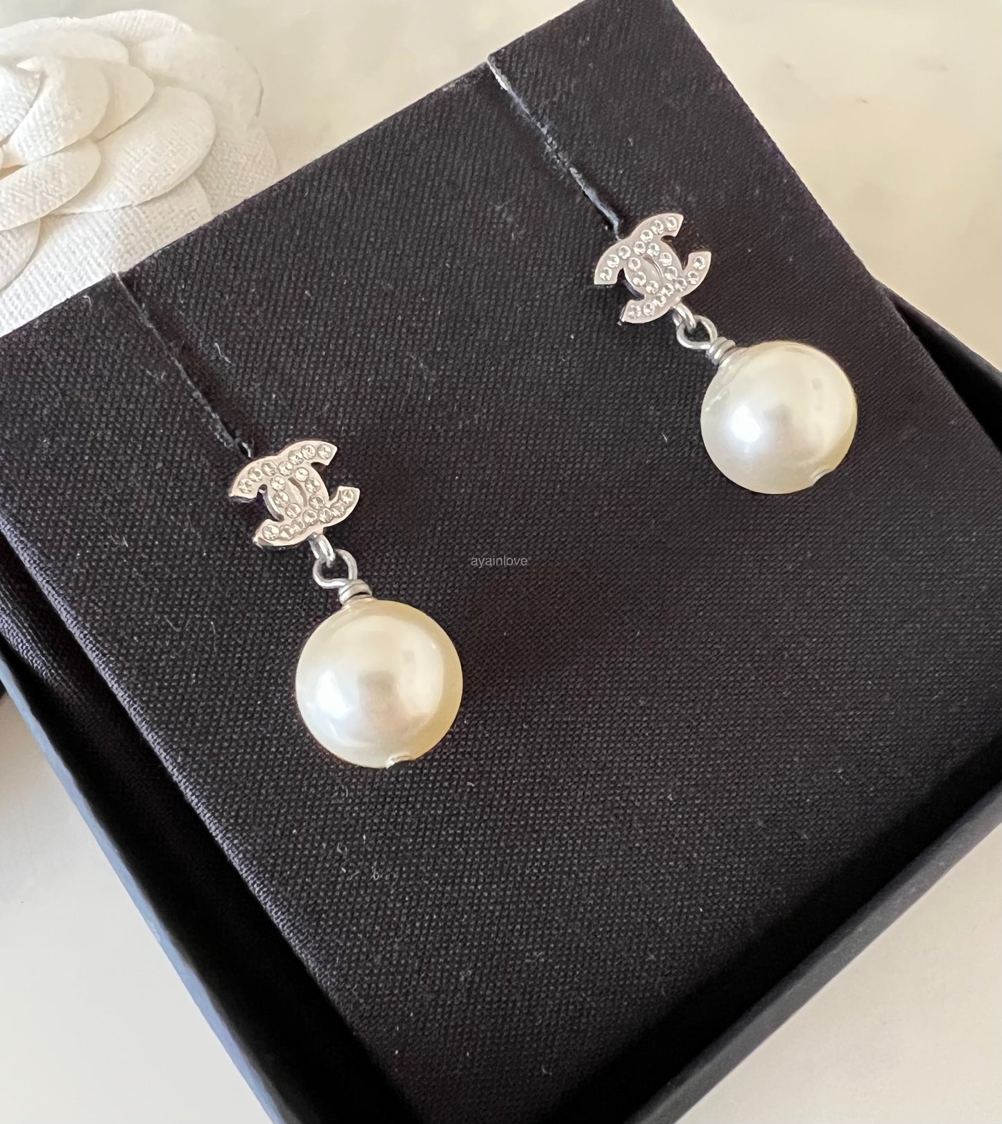 CHANEL Pearl Drop CC Stud Earrings Silver Hardware