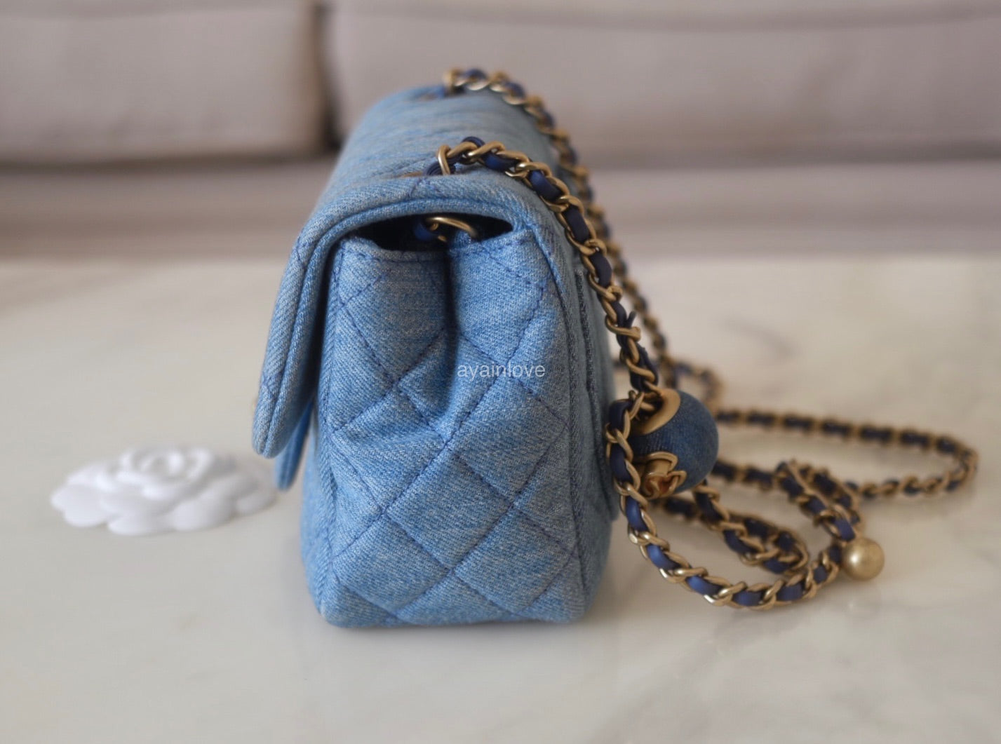 CHANEL 22C Blue Denim Pearl Crush Square Mini Flap Bag Gold Hardware