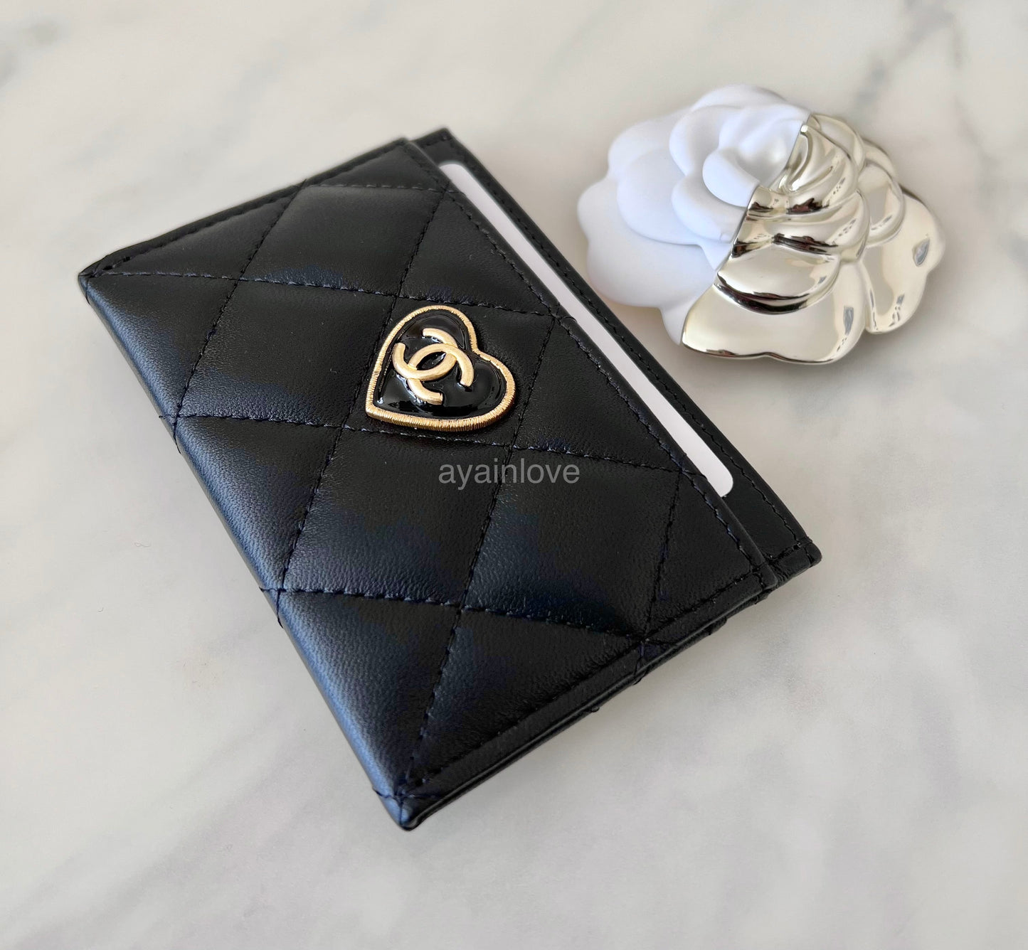 CHANEL 23S Black Heart Lamb Skin Flat Card Holder Gold Hardware