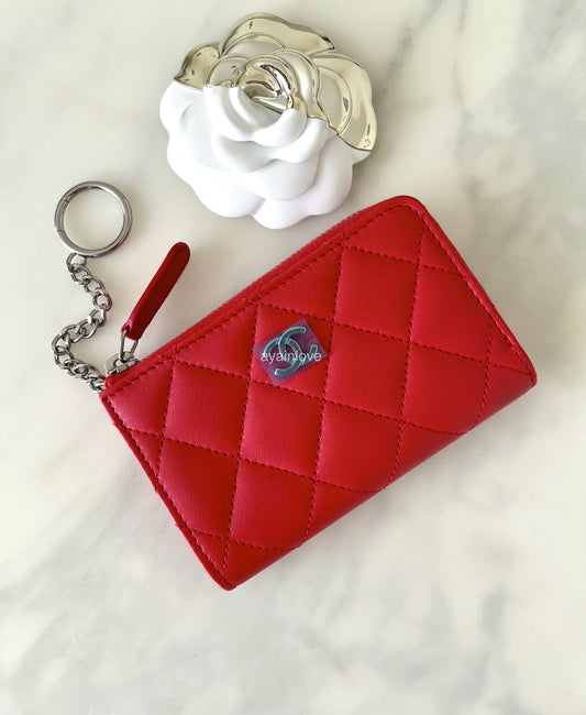 CHANEL 16S Red Lamb Skin Key Chain Zip Card Holder Silver Hardware