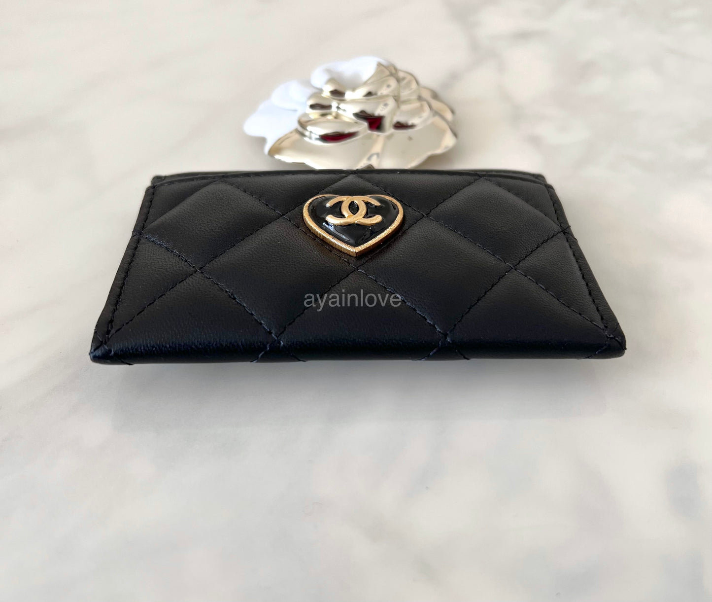 CHANEL 23S Black Heart Lamb Skin Flat Card Holder Gold Hardware