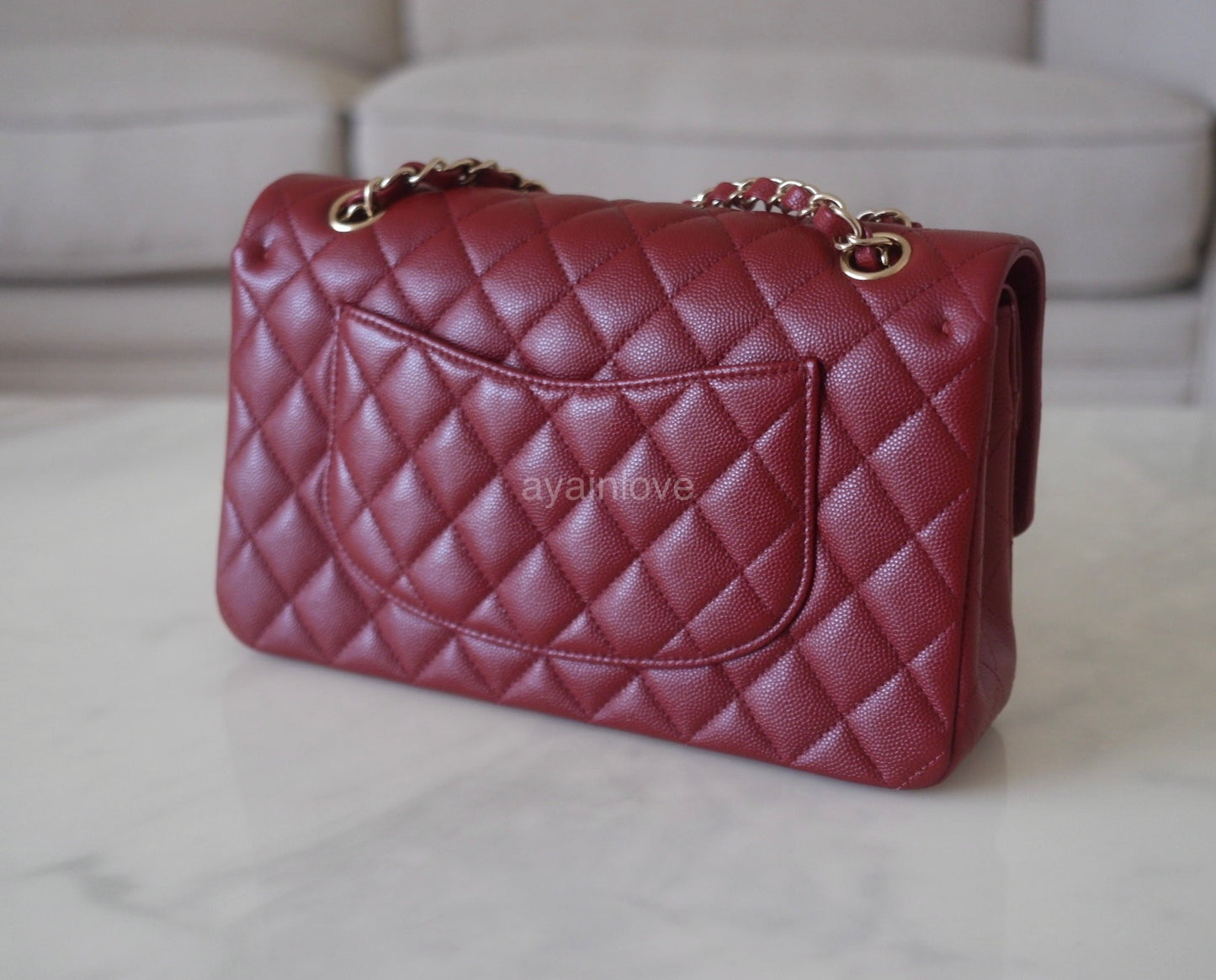 CHANEL 19B Burgundy Caviar Medium/Large Classic Flap Light Gold Hardware