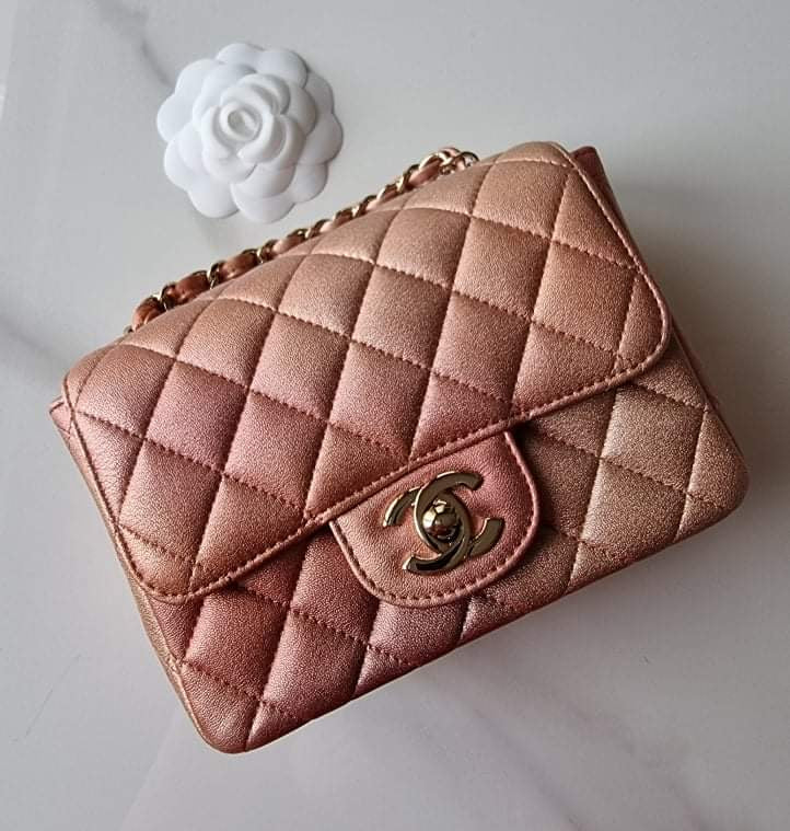 CHANEL 21S Iridescent Rose Gold Square Mini Flap Bag Light Gold Hardware