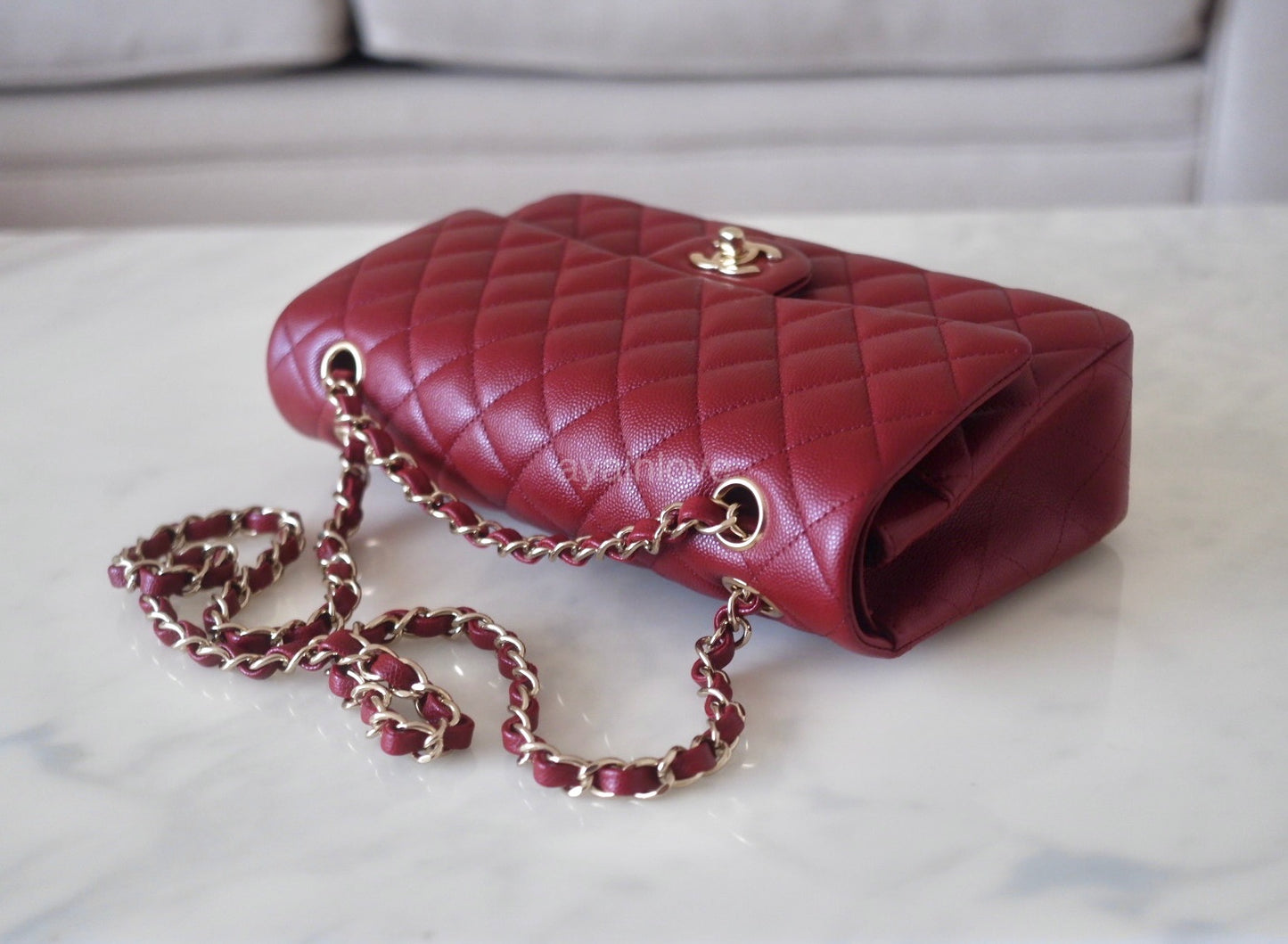 CHANEL 19B Burgundy Caviar Medium/Large Classic Flap Light Gold