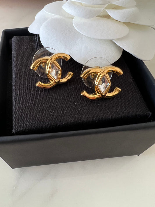 CHANEL Gold Crystal Medium CC Stud Earrings