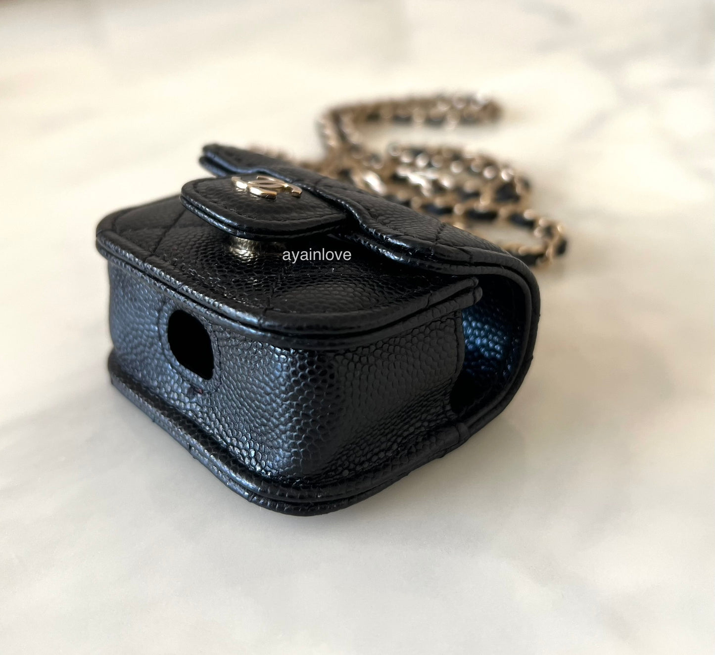 CHANEL Black Caviar AirPods Pro Case Quilted Flap Necklace Strap  Gold Hardware