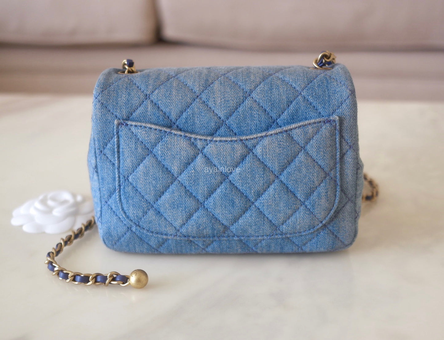 CHANEL 22C Blue Denim Pearl Crush Square Mini Flap Bag Gold Hardware