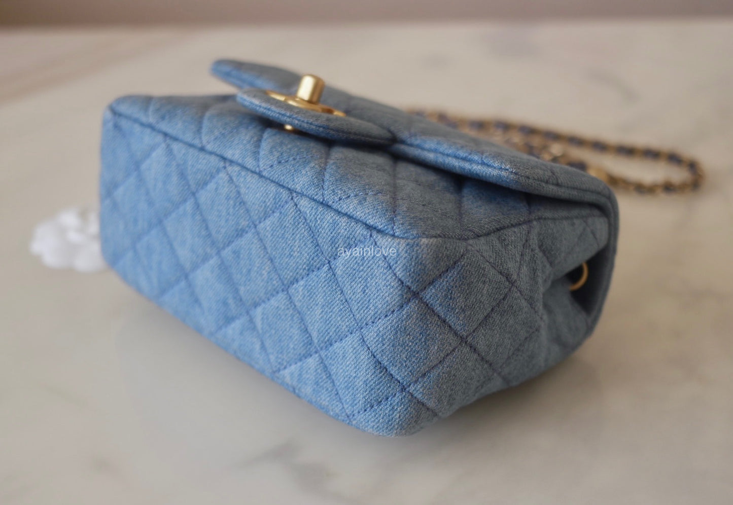 CHANEL 22C Blue Denim Pearl Crush Square Mini Flap Bag Gold Hardware