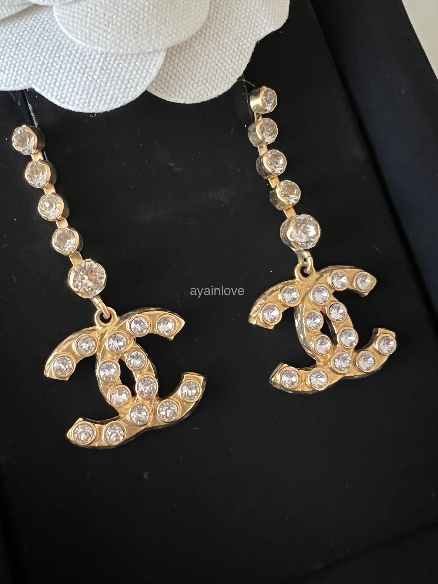 CHANEL 20S Crystal CC Drop Stud Earrings Gold Hardware