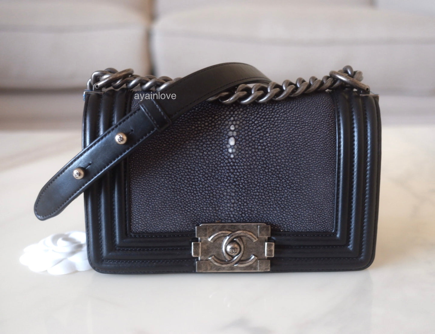 CHANEL Exotic Black Galuchat Stingray Small Boy Flap Bag Ruthenium Hardware