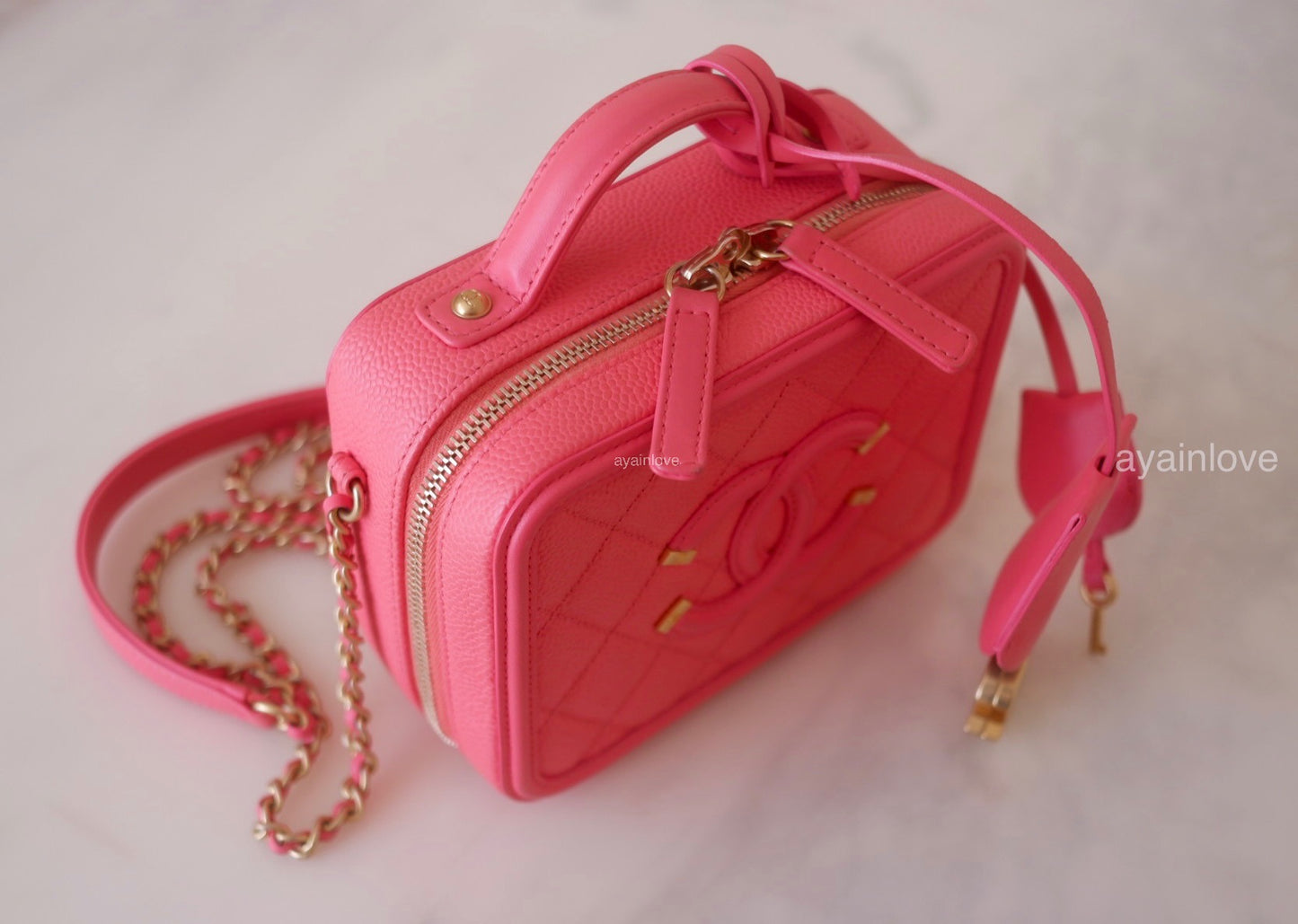 Chanel Mini Filigree in Pink Caviar leather and Gold chain