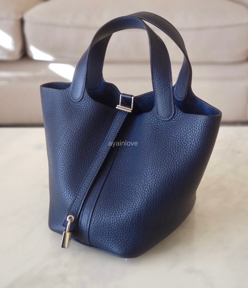 HERMES Picotin Lock 18 Midnight Blue Bleu Nuit Clemence Palladium Hardware