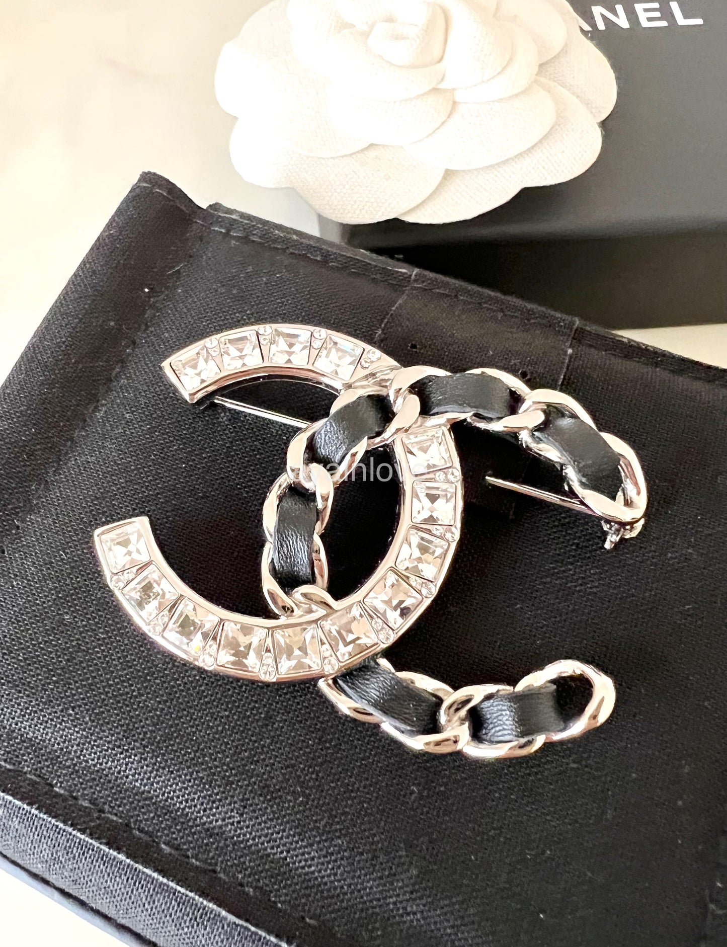 CHANEL 18K Crystal Black Leather CC Large Brooch Silver Hardware