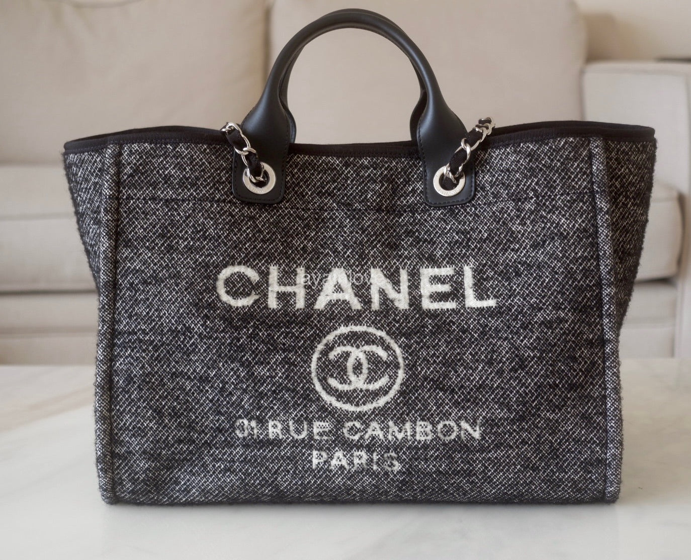 CHANEL Black Wool Deauville Medium 38cm Tote Bag *Microchipped* Silver Hardware