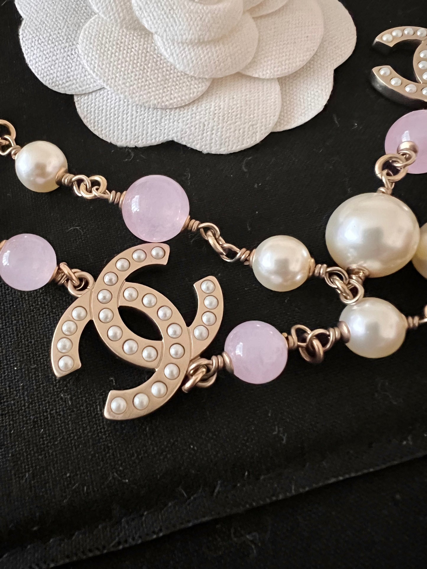 CHANEL 18P Pink White Pearl CC Long Necklace Light Gold Hardware