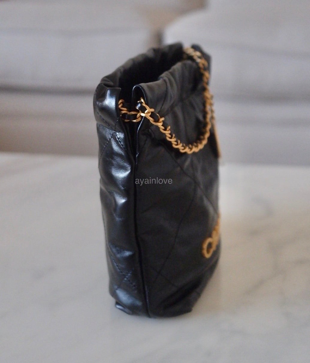 CHANEL 23A Mini 22 Black Shiny Calf Skin Bag Gold Hardware