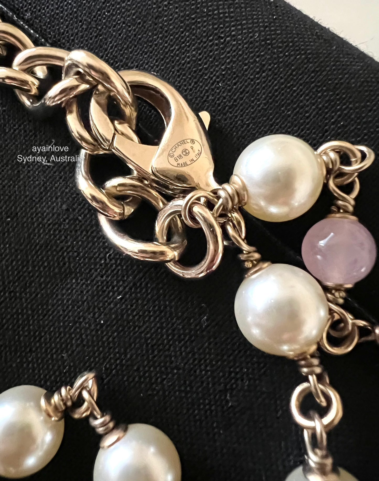 CHANEL 18P Pink White Pearl CC Long Necklace Light Gold Hardware