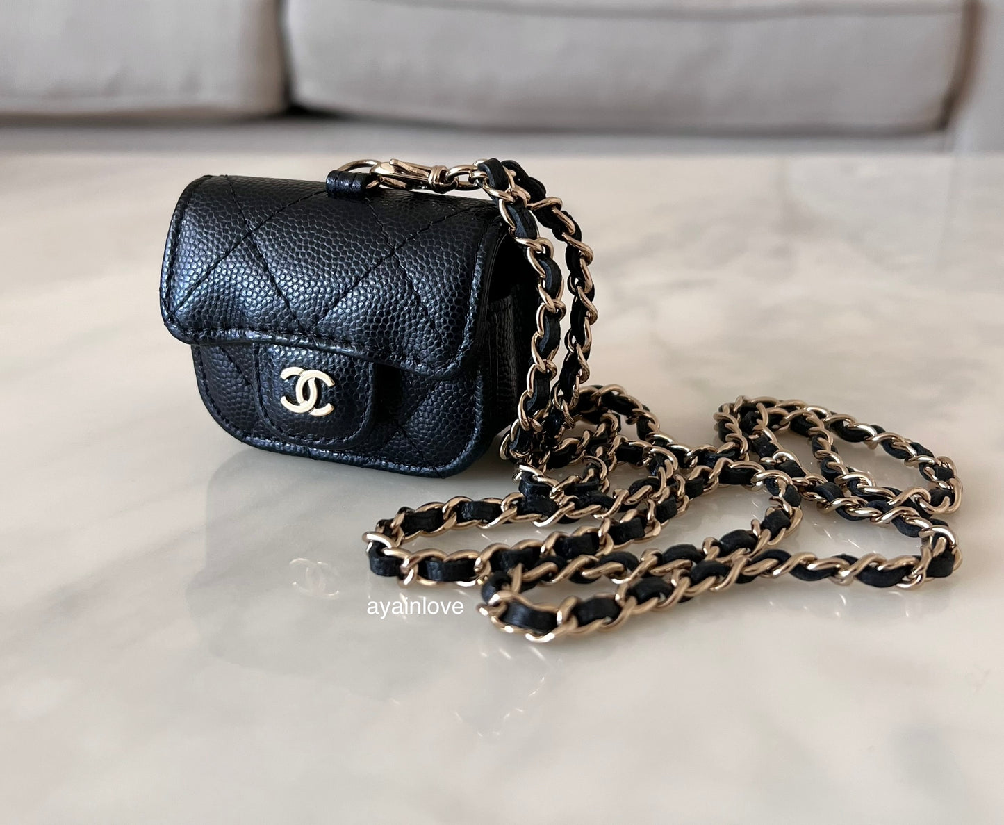 CHANEL Black Caviar AirPods Pro Case Quilted Flap Necklace Strap  Gold Hardware