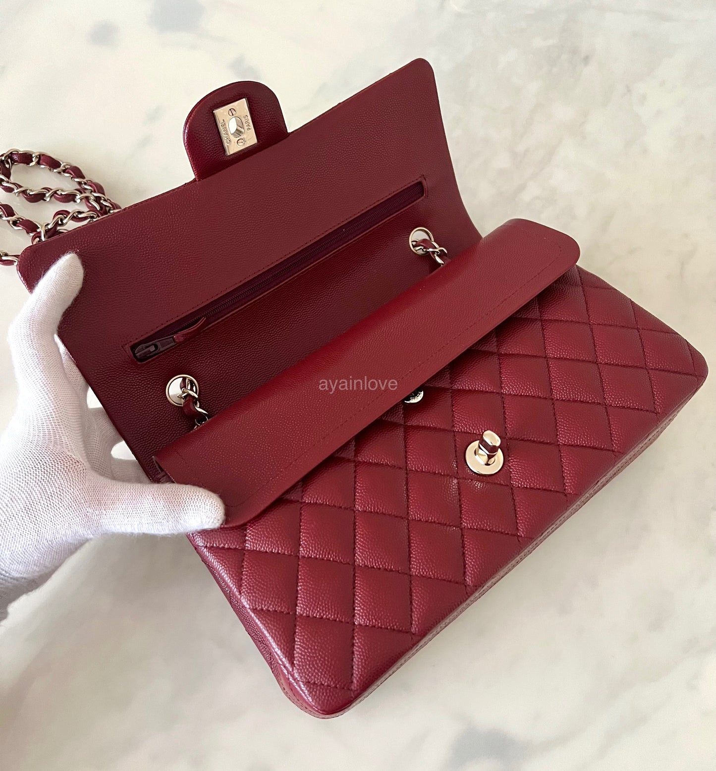 CHANEL 19B Burgundy Caviar Medium/Large Classic Flap Light Gold Hardware