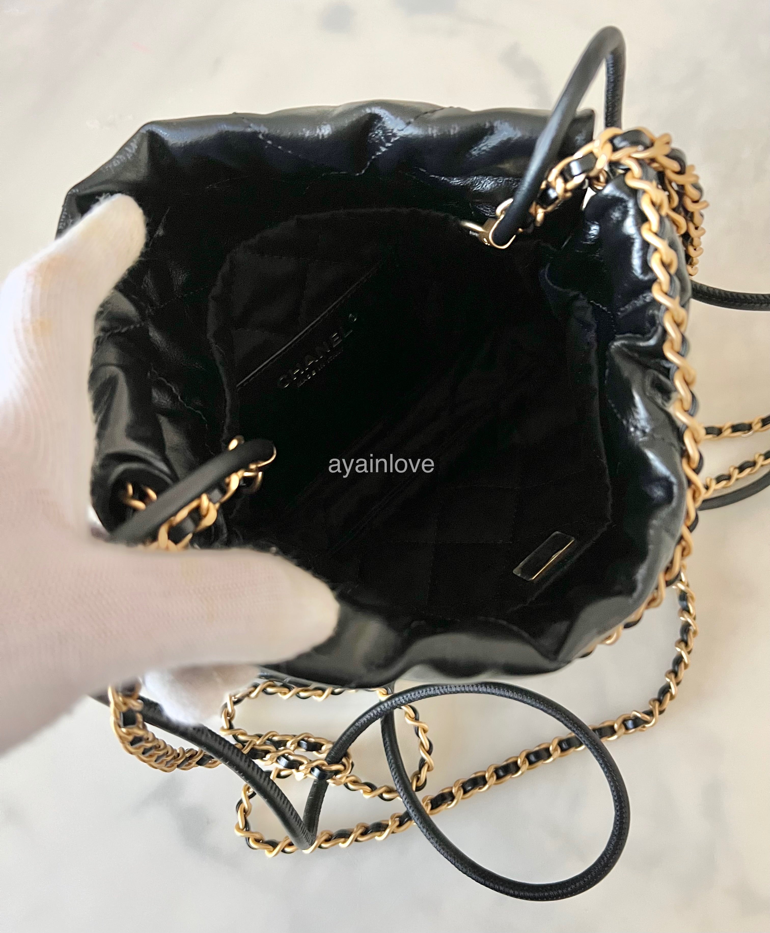 CHANEL 23A Mini 22 Black Shiny Calf Skin Bag Gold Hardware