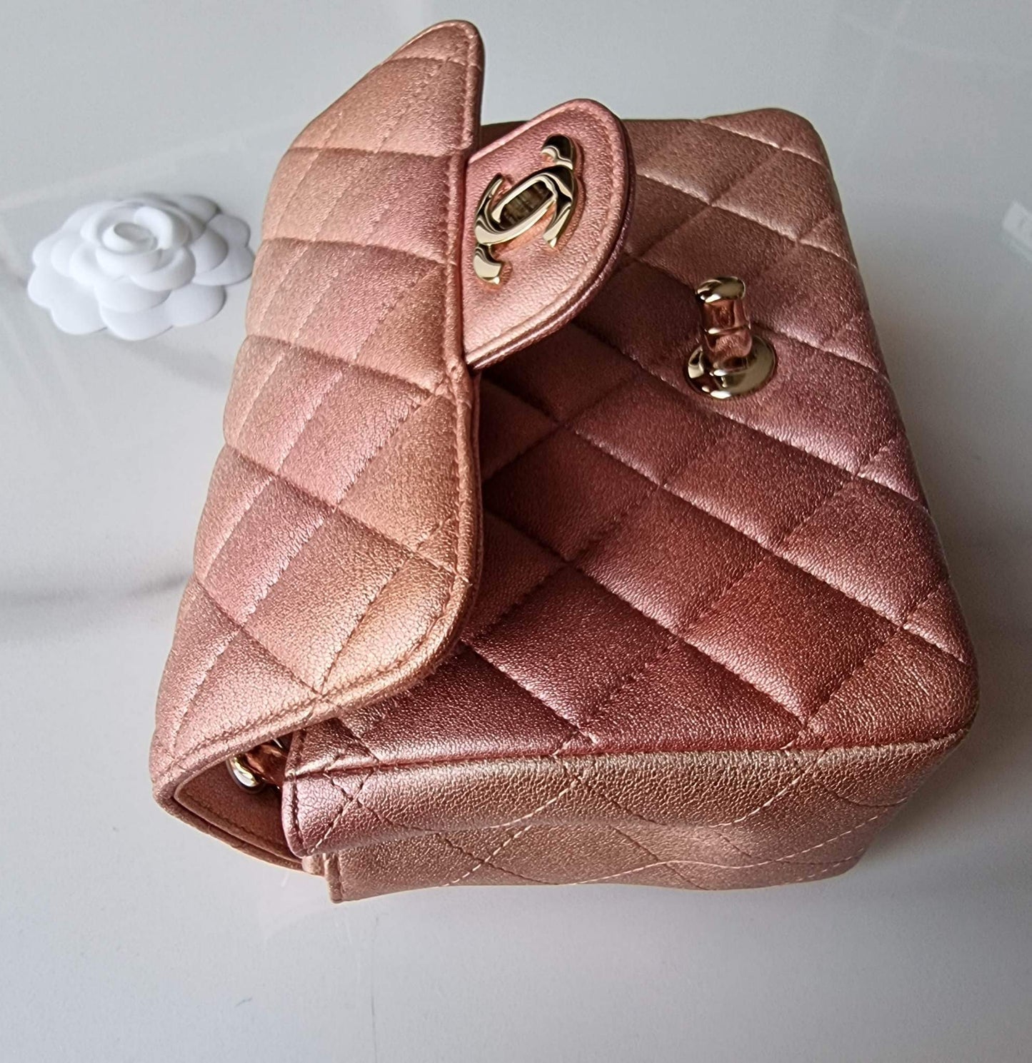 CHANEL 21S Iridescent Rose Gold Square Mini Flap Bag Light Gold Hardware