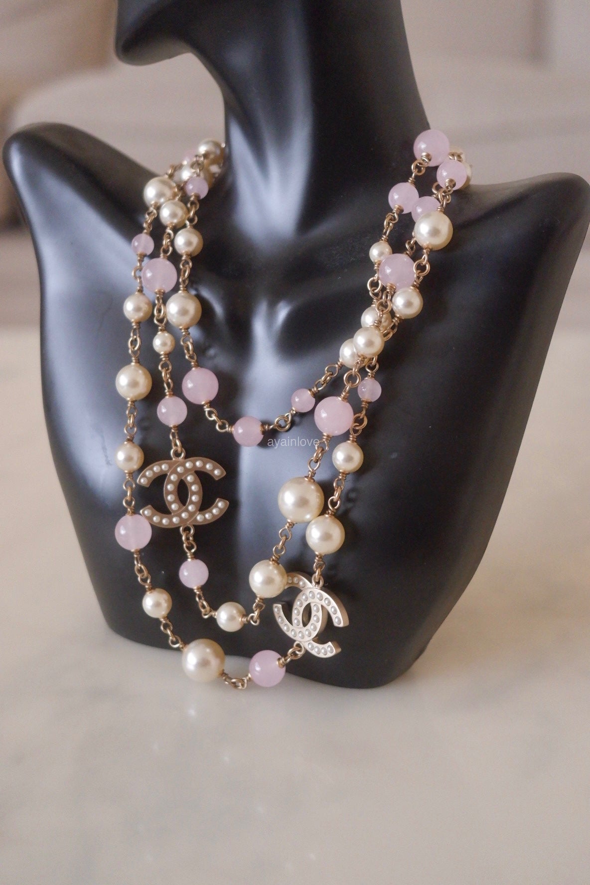 CHANEL 18P Pink White Pearl CC Long Necklace Light Gold Hardware