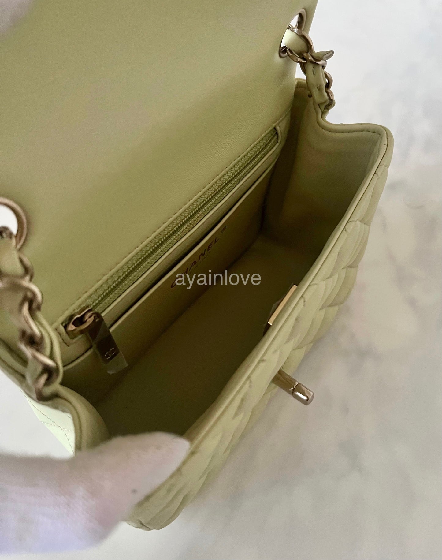 CHANEL 23C Light Green Microchipped Classic Quilted Square Mini Flap Bag Light Gold Hardware