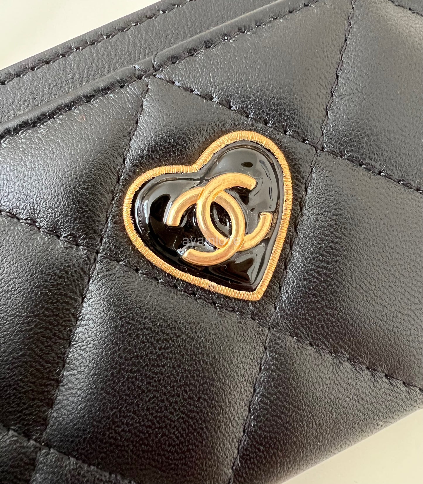 CHANEL 23S Black Heart Lamb Skin Flat Card Holder Gold Hardware