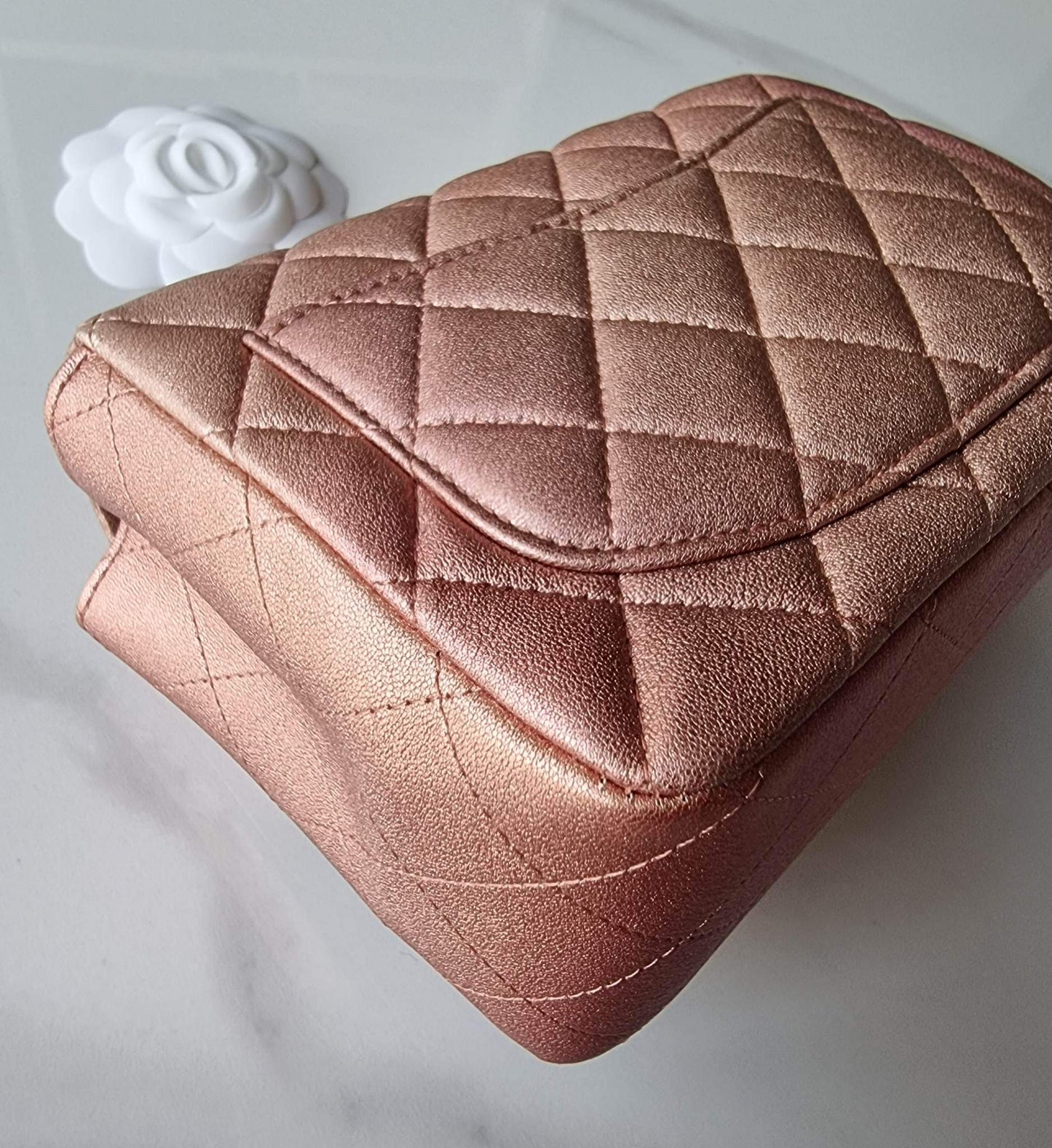 CHANEL 21S Iridescent Rose Gold Square Mini Flap Bag Light Gold Hardware