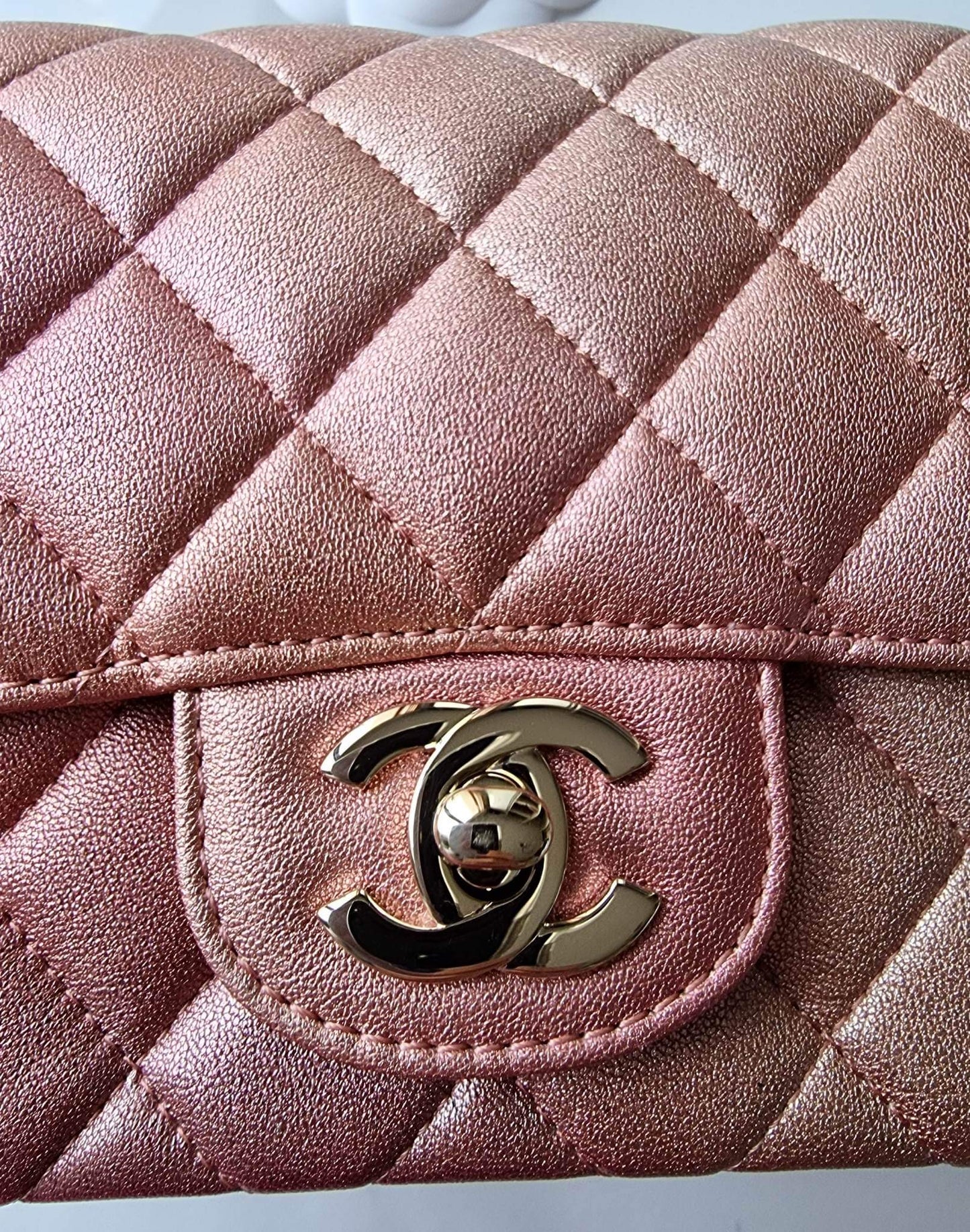 CHANEL 21S Iridescent Rose Gold Square Mini Flap Bag Light Gold Hardware