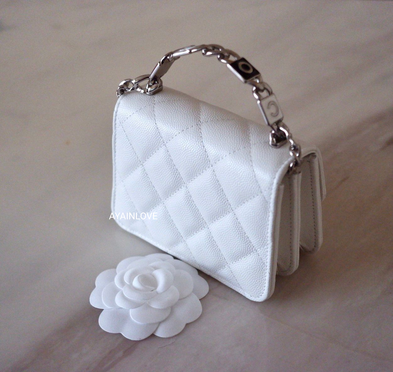 CHANEL 22S White Caviar Pick Me Up Top Handle Clutch on Chain Silver Hardware