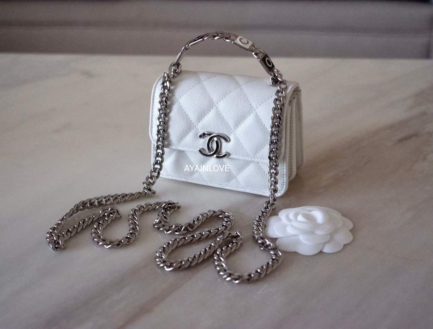 CHANEL 22S White Caviar Pick Me Up Top Handle Clutch on Chain Silver Hardware