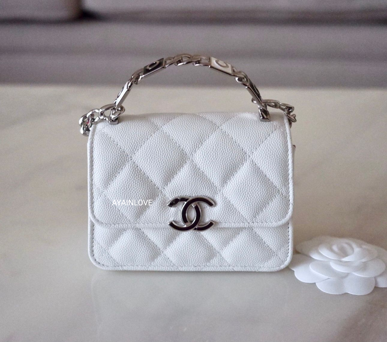 CHANEL 22S White Caviar Pick Me Up Top Handle Clutch on Chain Silver Hardware