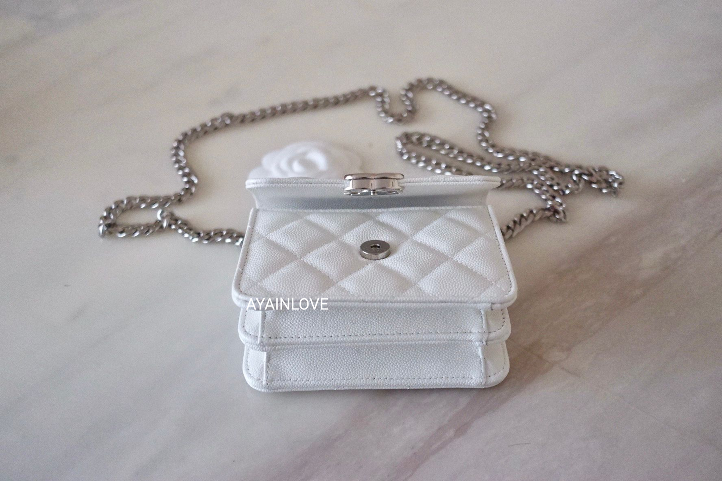 CHANEL 22S White Caviar Pick Me Up Top Handle Clutch on Chain Silver Hardware