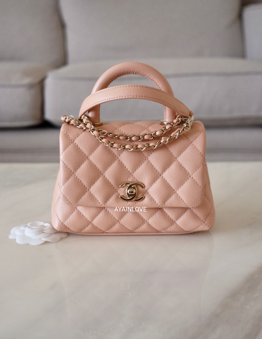 CHANEL 21P Light Pink Caviar Coco Handle Extra Mini 19cm Light Gold Hardware