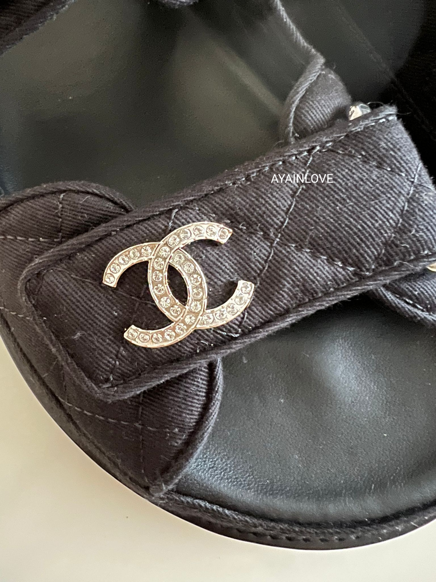 CHANEL Dad Sandals Black Mixed Fibre CC Crystals Silver Hardware Size 36.5