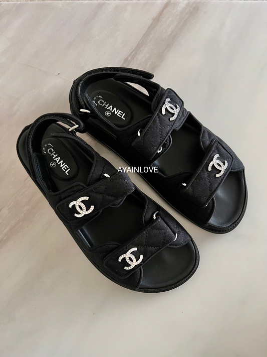 CHANEL Dad Sandals Black Mixed Fibre CC Crystals Silver Hardware Size 36.5