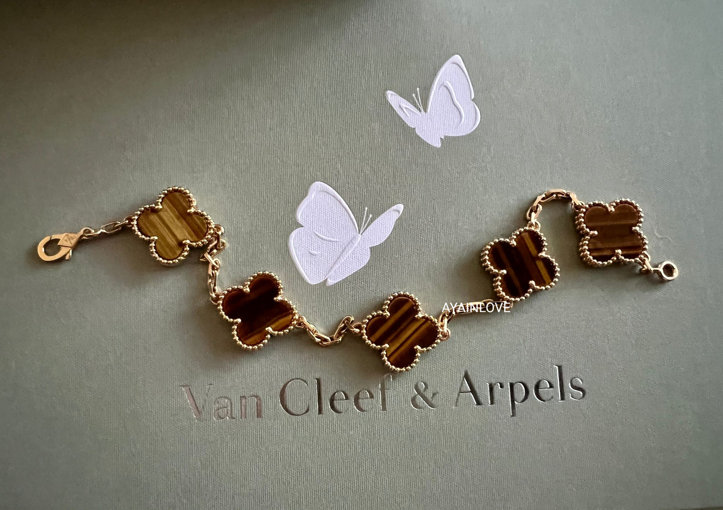 Van Cleef Arpels VCA 5 Motifs Bracelet Tiger Eye 18KT Yellow Gold Vintage Alhambra