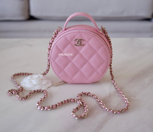 CHANEL 22C Sakura Pink Caviar Round Top Handle Vanity Light Gold Hardware