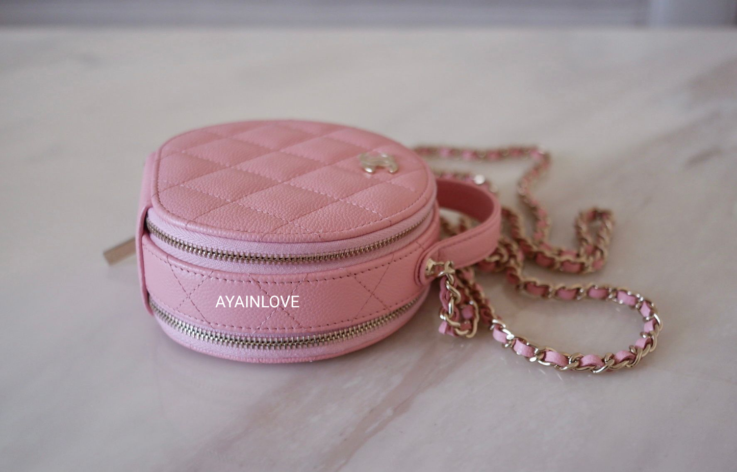 CHANEL 22C Sakura Pink Caviar Round Top Handle Vanity Light Gold Hardware
