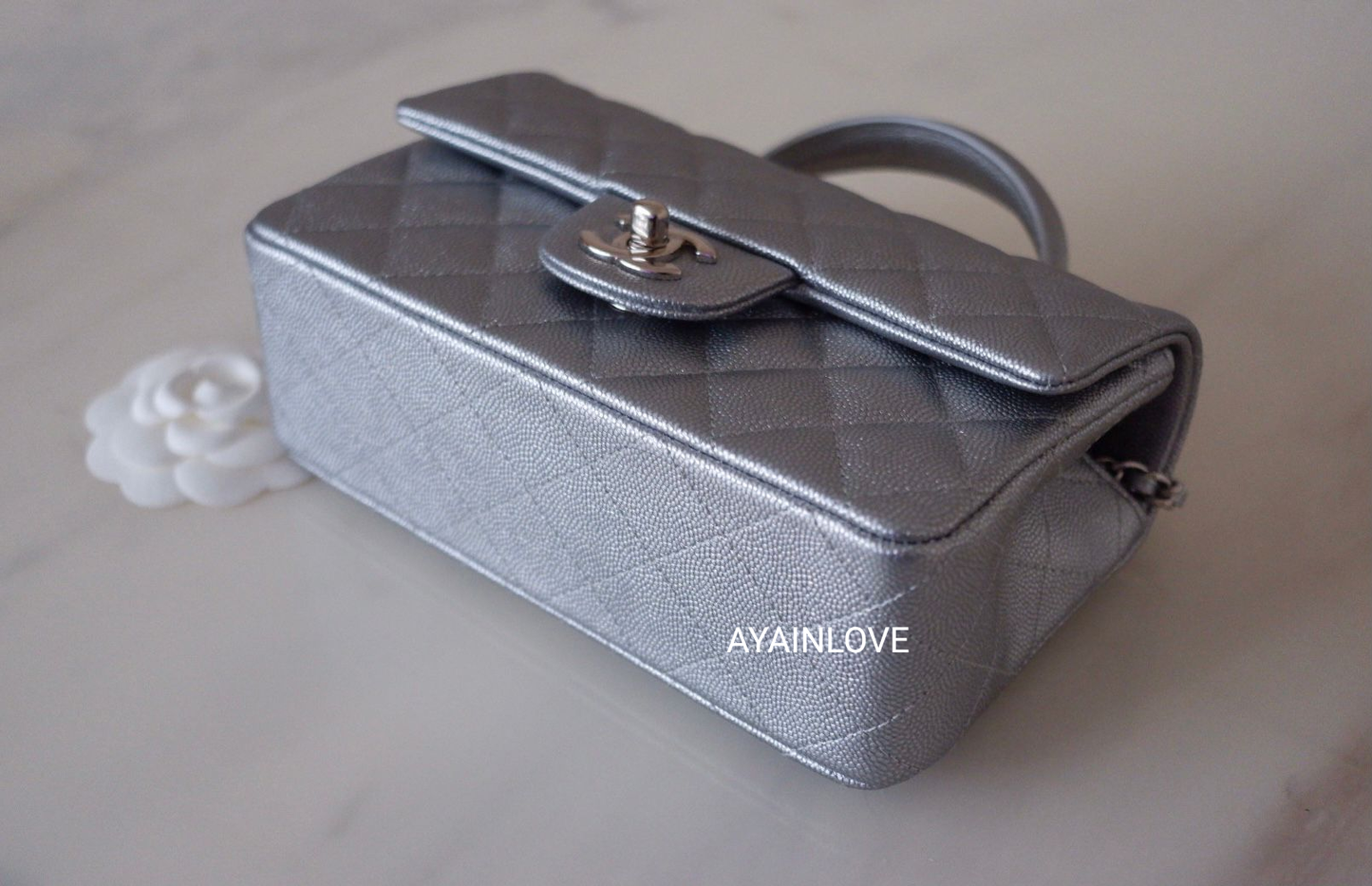 CHANEL 21S Silver Caviar Top Handle Rectangle Mini Bag Silver Hardware