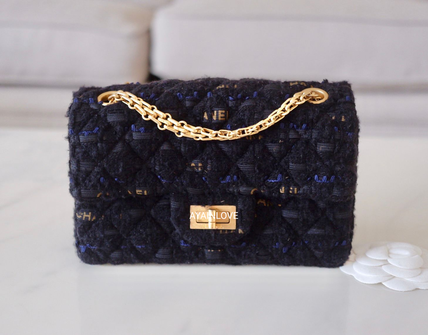 CHANEL 20K Black Navy Ribbon Tweed 2.55 Reissue Mini Gold Hardware