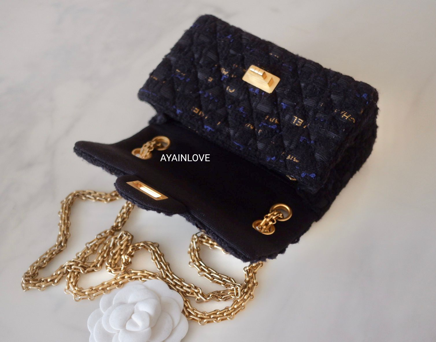 CHANEL 20K Black Navy Ribbon Tweed 2.55 Reissue Mini Gold Hardware