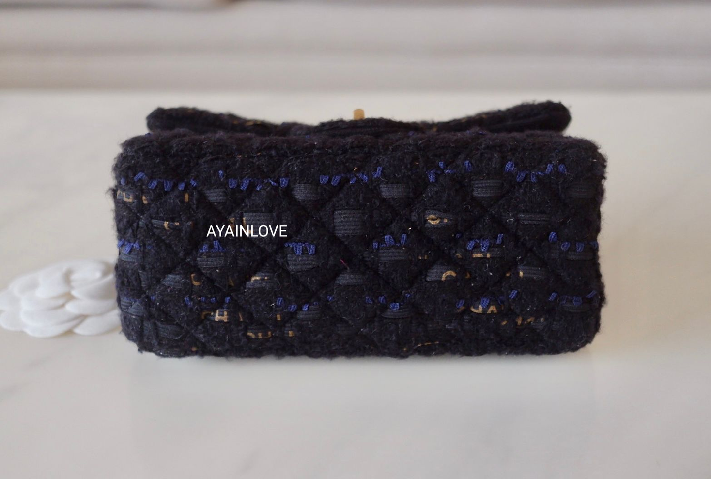 CHANEL 20K Black Navy Ribbon Tweed 2.55 Reissue Mini Gold Hardware